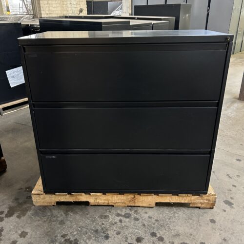 Black Meridian 3-Drawer Filing Cabinet 42"W Stackable with Lock
