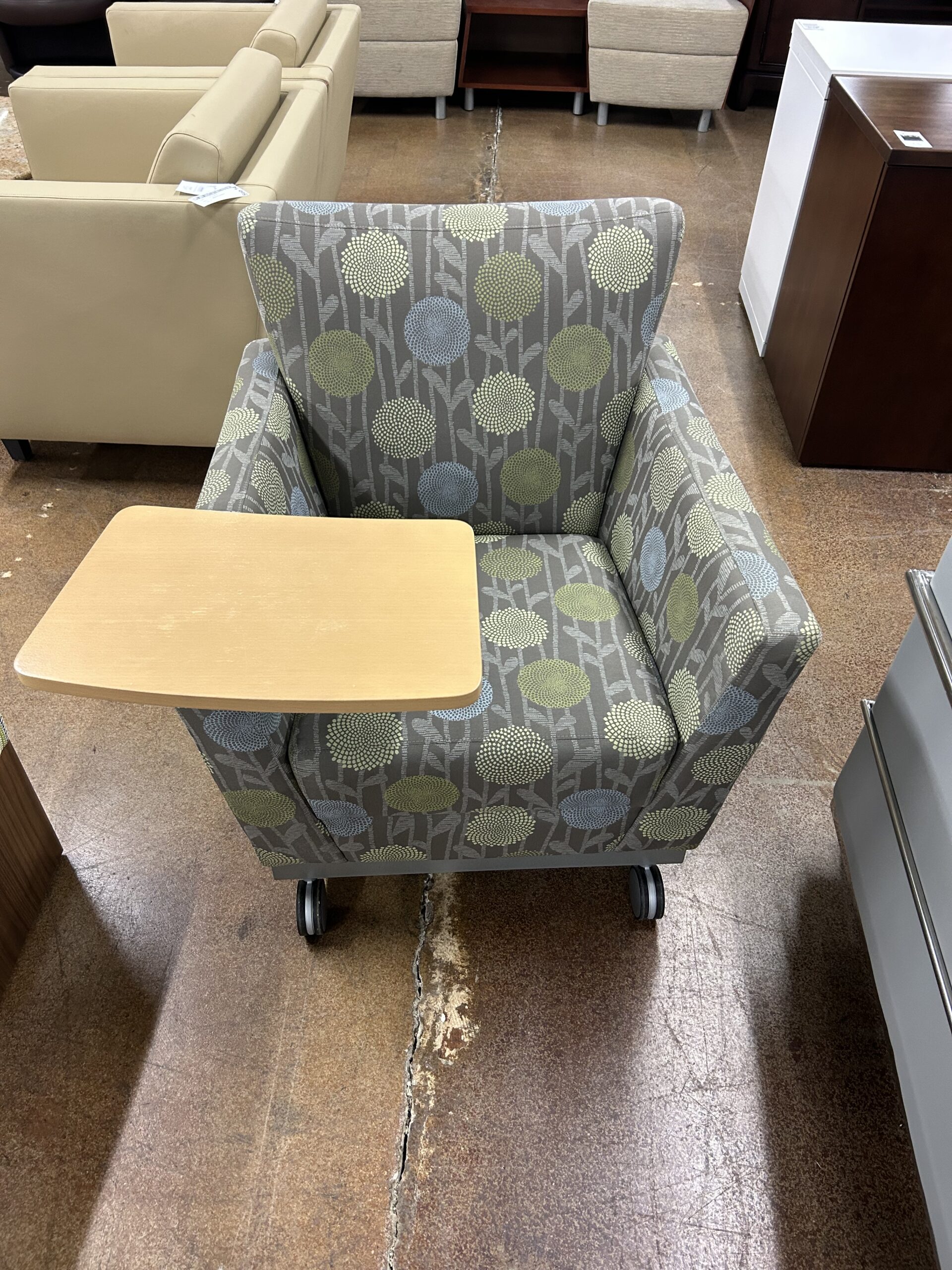 Used Arcadia Patterned Lounge Club Chair with Desk on Casters 32"W