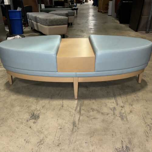 Used Leather Light Blue and Blonde Maple Wood Office Lounge Ottoman 66"W 