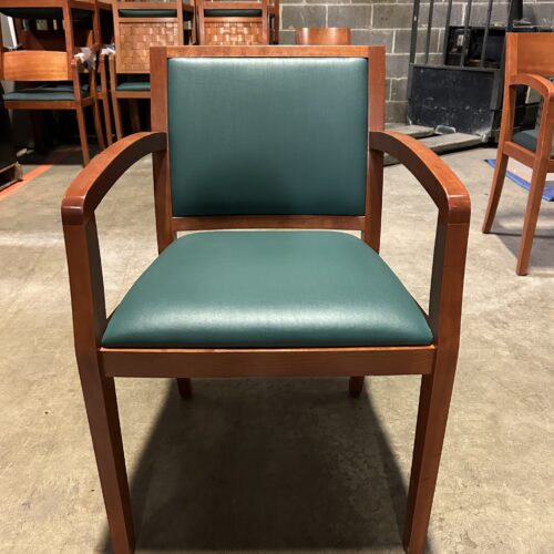 Used Geiger Wood and Green Vinyl Office Guest Chair 