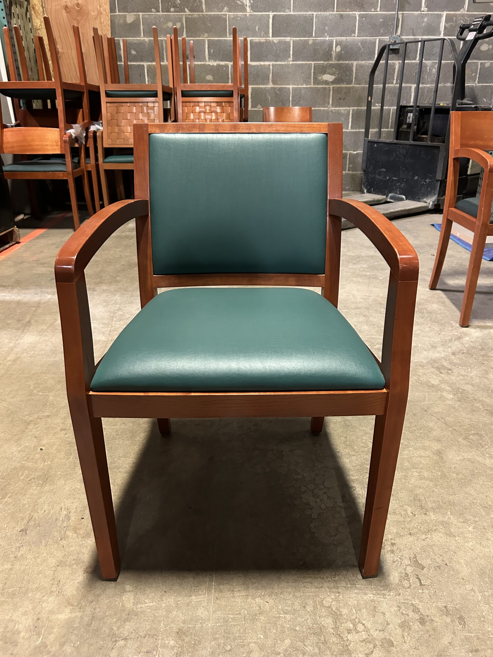 Used Geiger Wood and Green Vinyl Office Guest Chair 