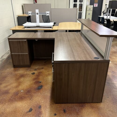 Used Executive Walnut L-Shape Reception Desk w/ Transaction Top 6' x 6.5'