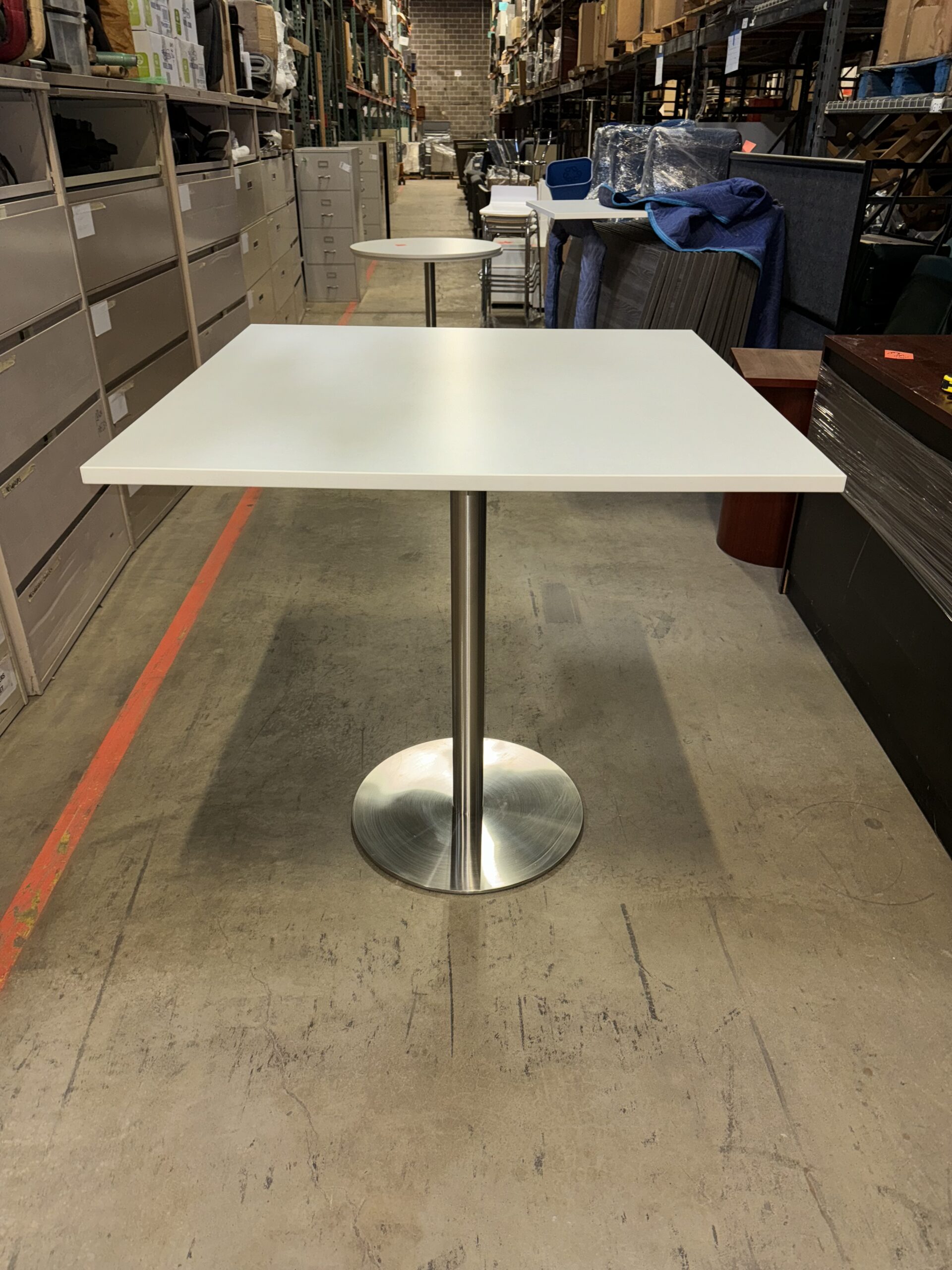 Used White and Silver Bar Height Square Tables 42"W