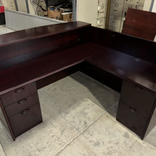 Used Dark Mahogany L-Shaped Reception Desk with Transaction Top 6' x 6.5'