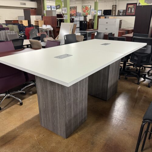 Used White and Gray Bar Height Conference Table with Power Storage 94.5"W