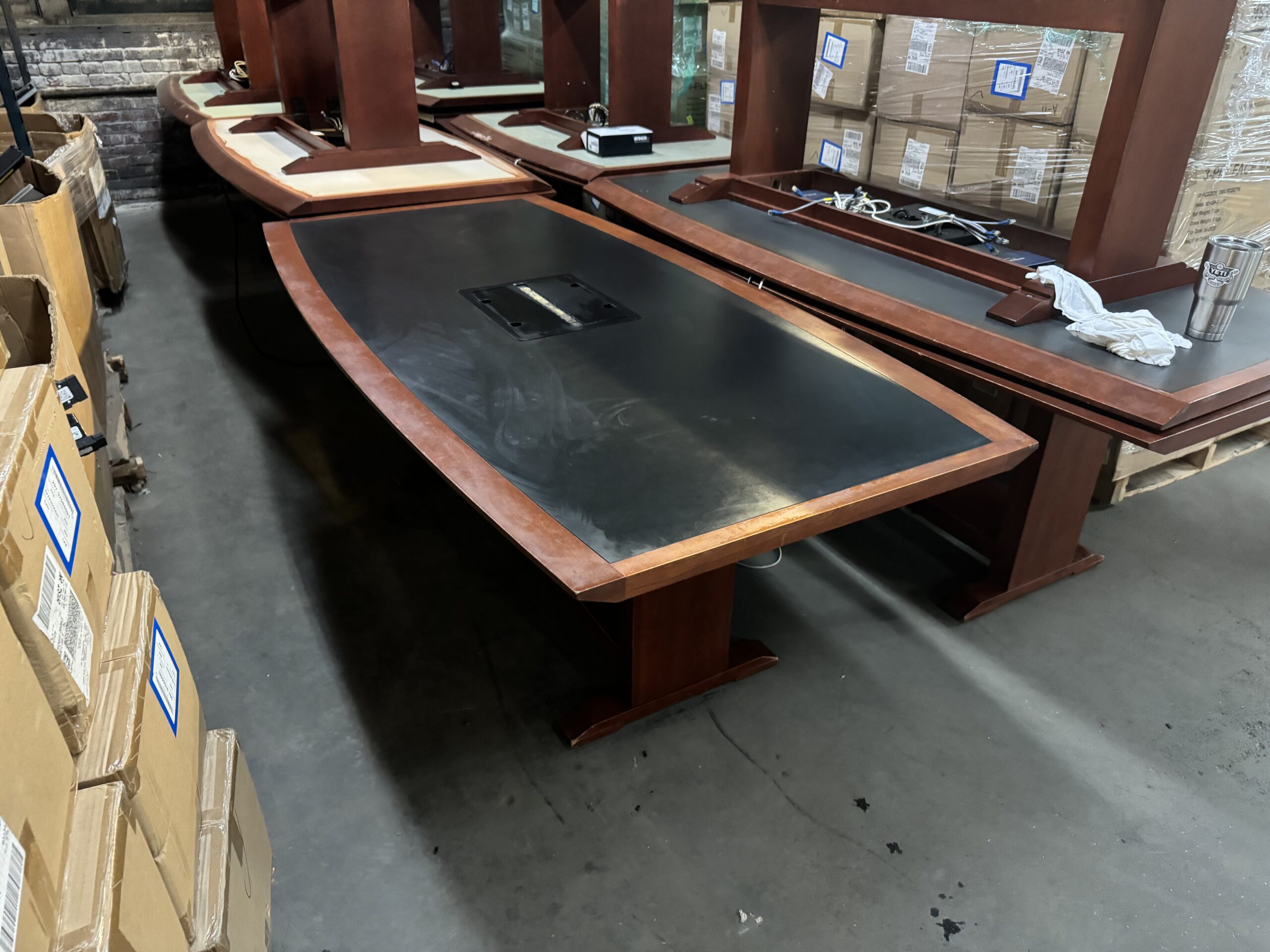 Used Cherry and Black Knife Edge Conference Tables with Power 5'W - 10'W