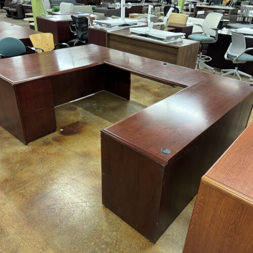 Used Cherry National U-Shape Office Desk with Storage Lateral 6' x 8.5'