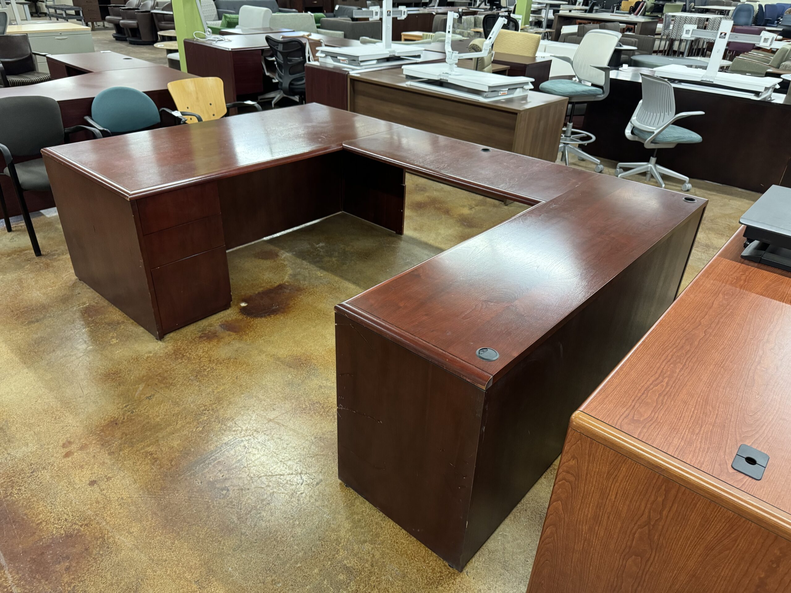 Used Cherry National U-Shape Office Desk with Storage Lateral 6' x 8.5'