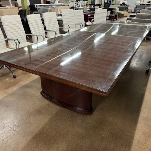 Used Cherry Rectangular Conference Table with Glass Top 14' x 5' 