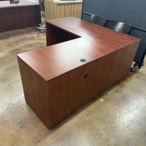 Used Cherry L-Shape Office Desk with Storage Pedestal 6' x 5.5'