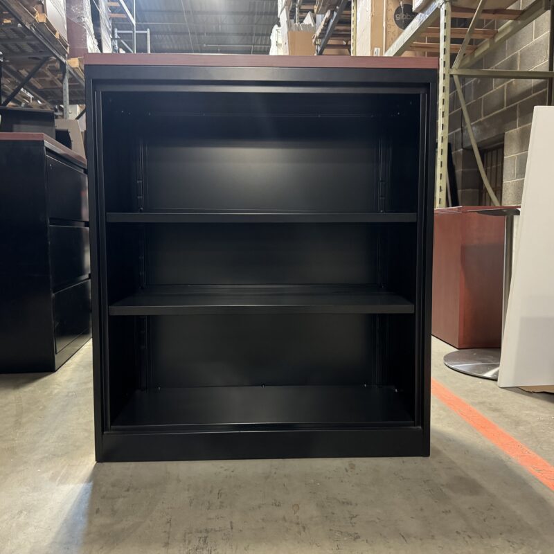Used Black Metal Bookcase with Cherry Laminate Top 36"W