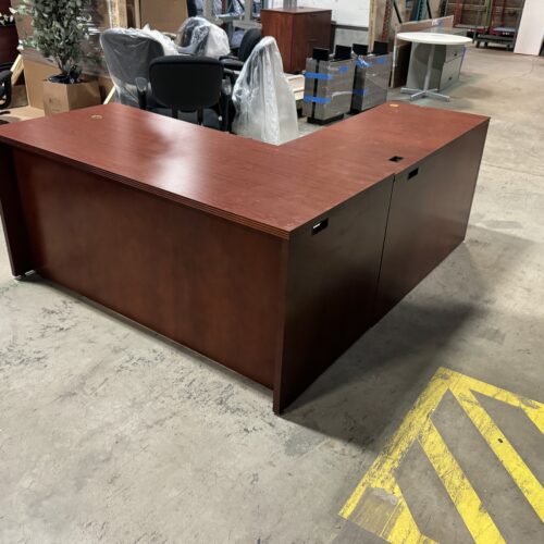 Used Cherry L-Shape Office Desk with F/F and BBF Pedestals 66"W