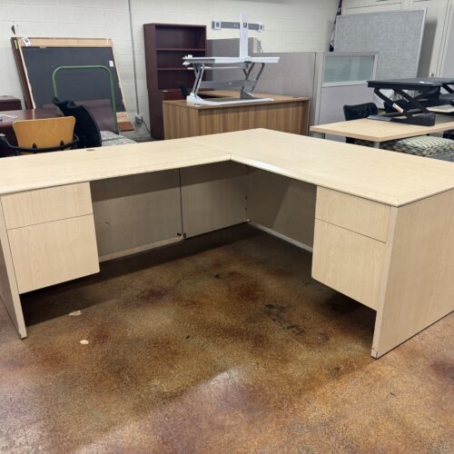 Used Maple Blonde L-Shape Desk with Box, File Pedestals 6.5' x 5.5' 