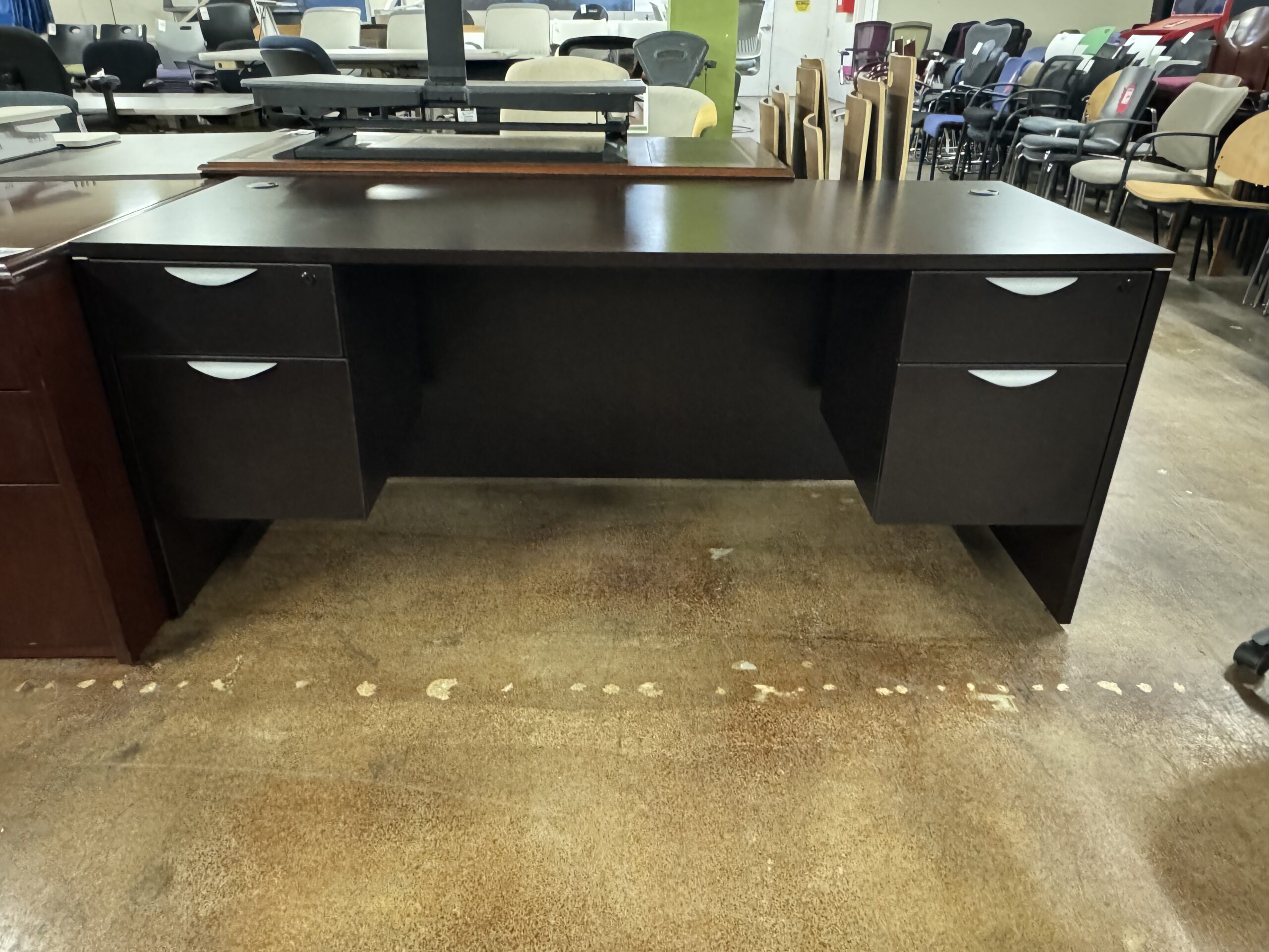 Used Espresso Dark Walnut Straight Office Desk with Storage Pedestals 6 FT W