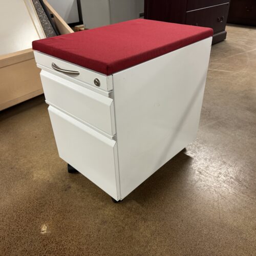 Used White and Red Mobile Filing Pedestal with Cushioned Seat 15.5"W