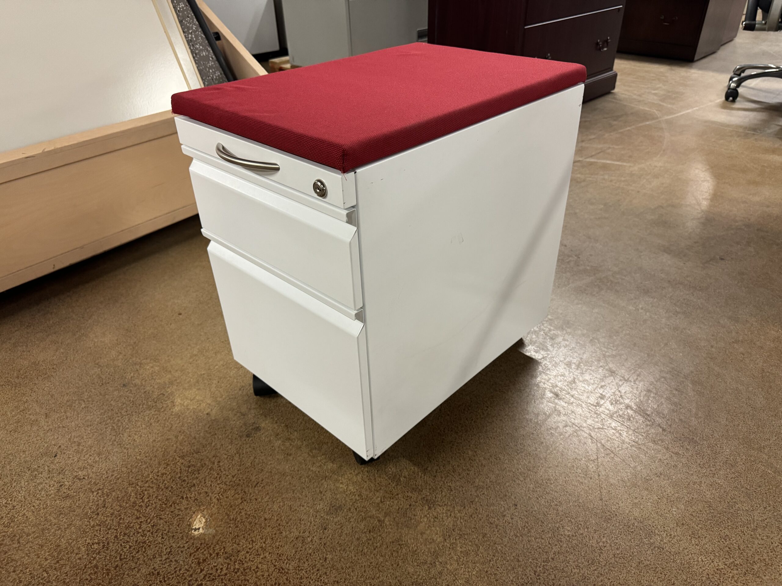 Used White and Red Mobile Filing Pedestal with Cushioned Seat 15.5"W